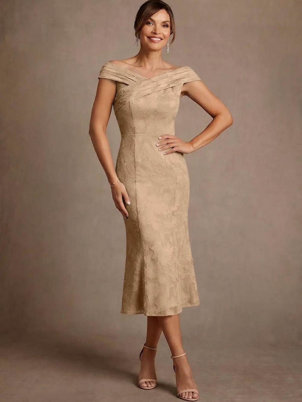 Azazie Keith
Champagne Sheath Pleated Floral Burnout Dress
